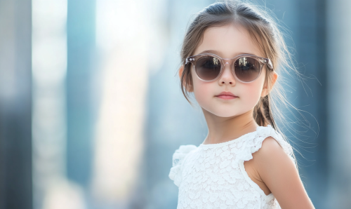 An 8-year-old girl in white dress and sunglasses, with blurred city background, in hyper-realistic photo with natural light. An 8-year-old girl in white dress and sunglasses, with blurred city background, in hyper-realistic photo with natural light.