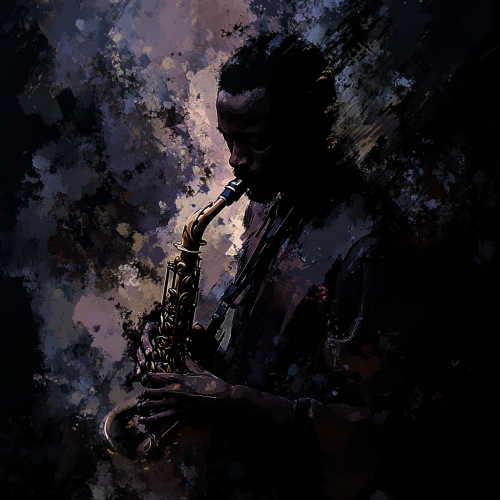 An African man playing saxophone in abstract art.