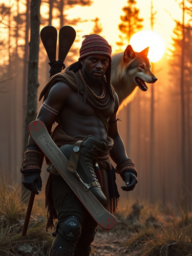 An African warrior holds skates in forest sunset.