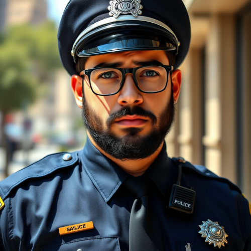 An American police officer in navy blue uniform.