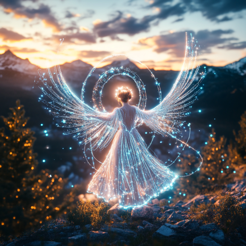 An Angelic Sunset Scene With Mountains and Trees