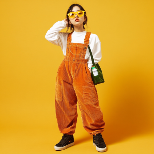 An Asian girl in bright outfit poses