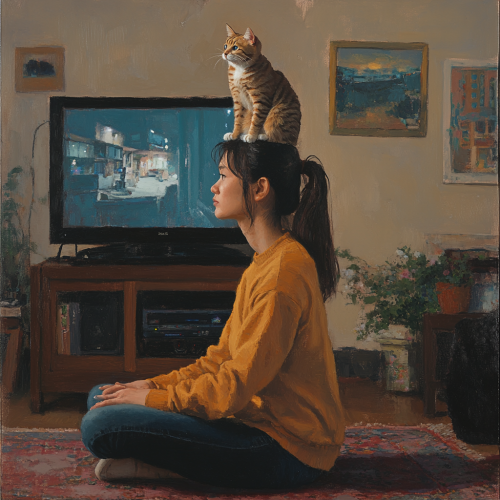 An Asian woman watching TV with cat on head