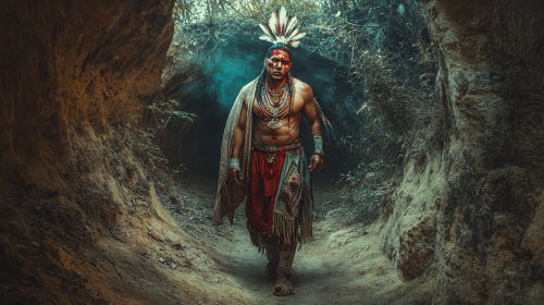 An Aztec leader hurt in forest cave entrance.