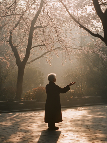 An Elderly Woman Practicing Tai Chi at Dawn