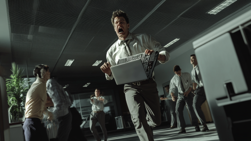 An Office Worker Smashes Laptop in Crowded Corridor