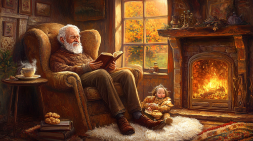 An Old Man Reading a Story by Fireplace