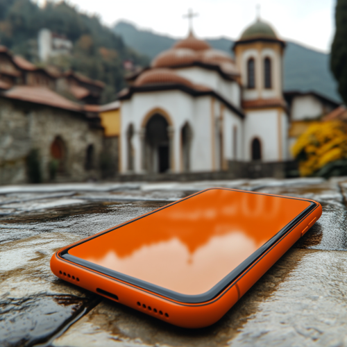 An Orange Smartphone in Front of Sürmene Monastery