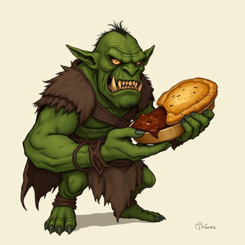 An Orc Holding a Pie in Fantasy Style