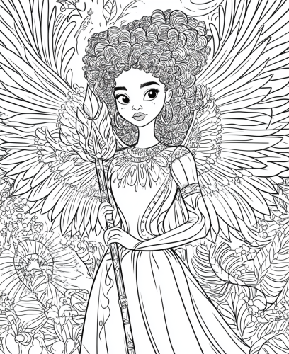 An adult coloring book page of a strong angel.