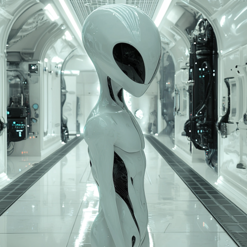 An alien with big eyes in a futuristic base