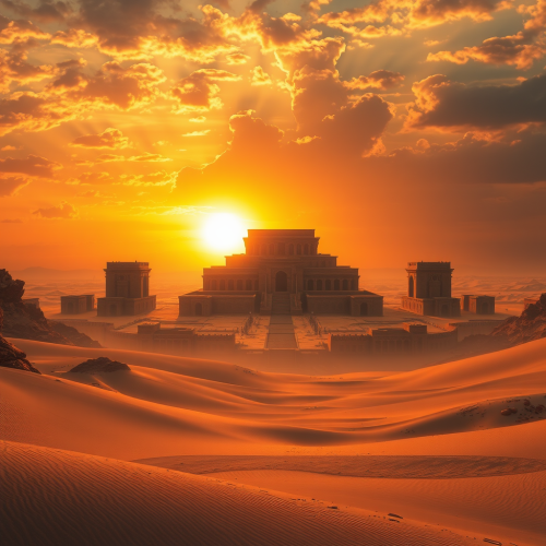 An ancient city emerges from desert sands.