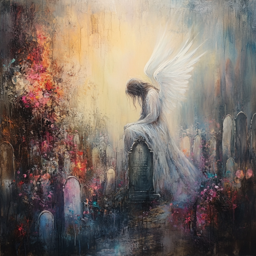 An angel sits on tombstone in cemetery