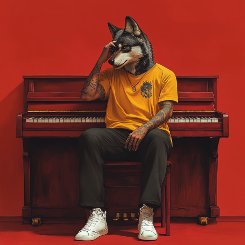 An anthropomorphic wolf wearing yellow shirt and black pants