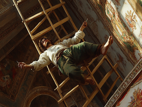 An artist painting chapel ceiling on high scaffold