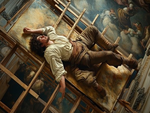 An artist painting chapel ceiling surrounded by ladders