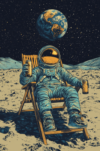 An astronaut relaxes on moon with beer