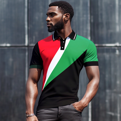 An athletic black man wearing a flag-print polo shirt.