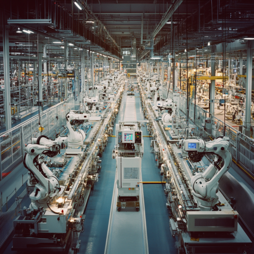 An automated industrial production line with robotic arms.