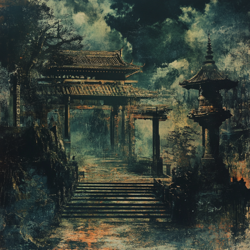 An eerie, detailed dark fantasy painting of Japan.