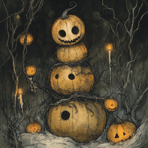 An eerie, gothic pumpkin character surrounded by darkness