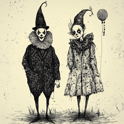 An eerie illustration of whimsical, enigmatic figures