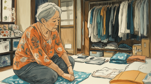 An elderly Japanese woman getting dressed at home