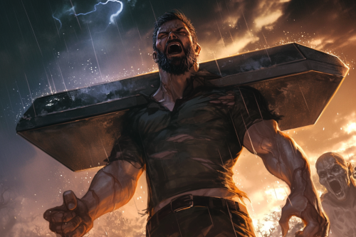 An enraged man forcefully opening a metal coffin.