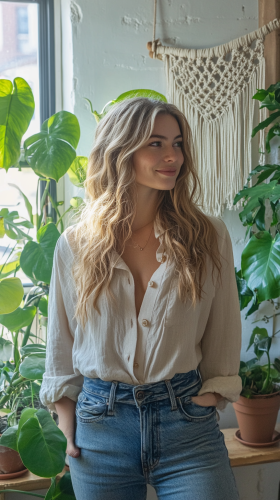 An entrepreneur cares for plants in vintage clothing