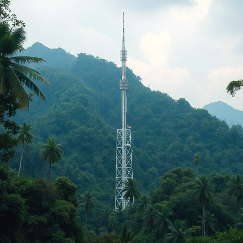 An internet tower in the rainy rainforest.