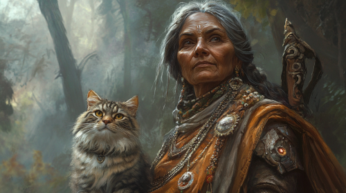 An old Indian woman and her fluffy cat in the forest