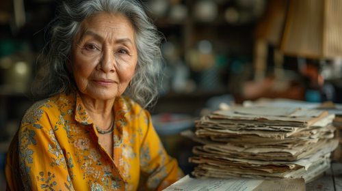 An older Guatemalan woman smiles at her desk