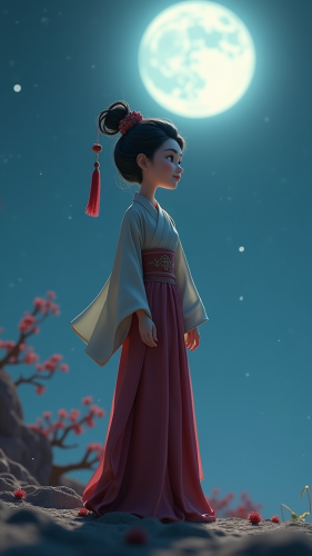 Ancient Chinese lady in moonlight, Disney Pixar style.