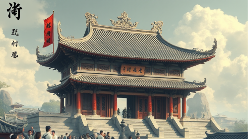 Ancient Chinese palace in a misty valley.