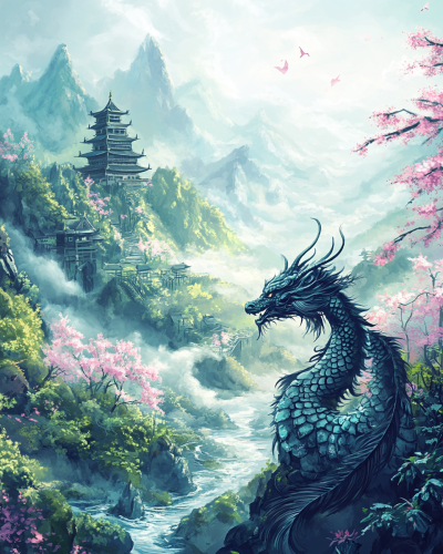 Ancient Japanese landscape with mystical Kirin in foreground