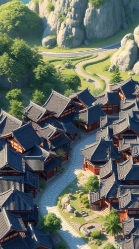 Ancient Japanese town in Pixar style, zoomed in. Ancient Japanese town in Pixar style, zoomed in.