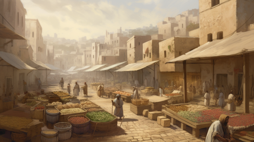 Ancient Jerusalem marketplace with fruits, spices, and buildings. Ancient Jerusalem marketplace with fruits, spices, and buildings.