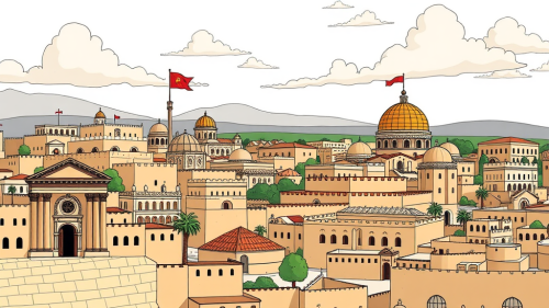 Ancient Judea's Cartoon Cityscape Under Alexander's Rule