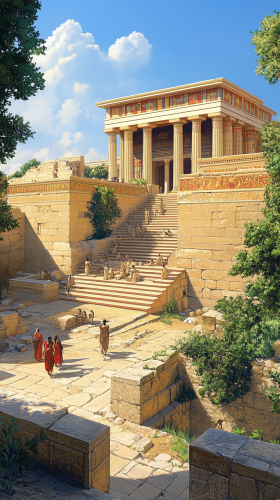 Ancient Minoan palace with majestic columns and frescoes.