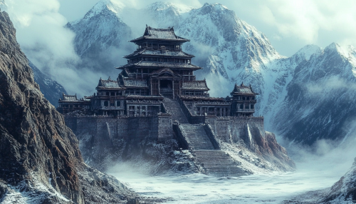 Ancient Stone Temple at Base of Mountain