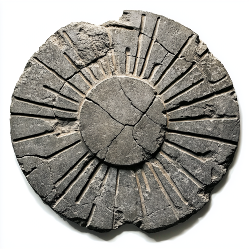 Ancient broken stone disc with rays, pointed details