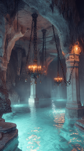 Ancient cave with glowing pools, stone pillars, bells