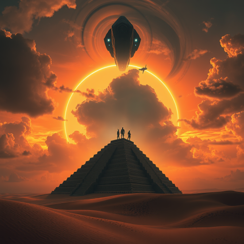 Ancient desert ziggurat with spaceship in sunset