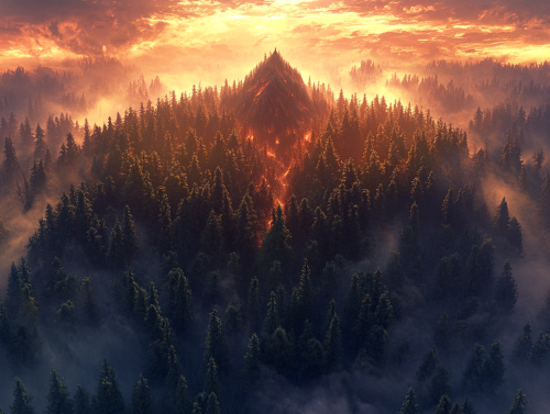 Ancient magical forest with red sunset mountain.