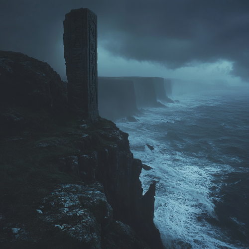 Ancient monument on cliff with mysterious glowing runes.