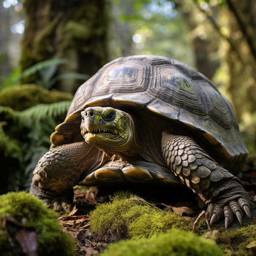 Ancient tortoise crawling through serene green forest.
