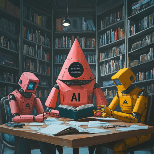 Androids at triangular table with AI-related books.