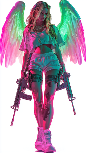 Angel holding two AK-47s in vibrant 3D cartoon.