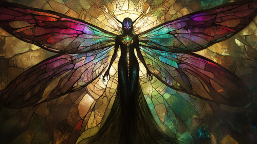 Angelic Witch in Dragonfly Stained Glass Pattern