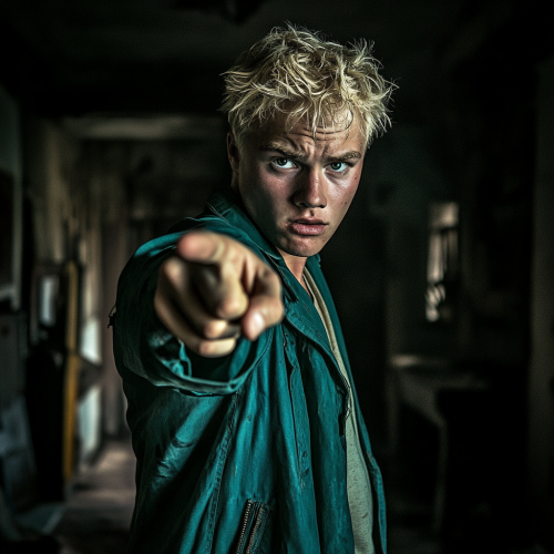 Angry 1990s Man Pointing Finger in Dark House